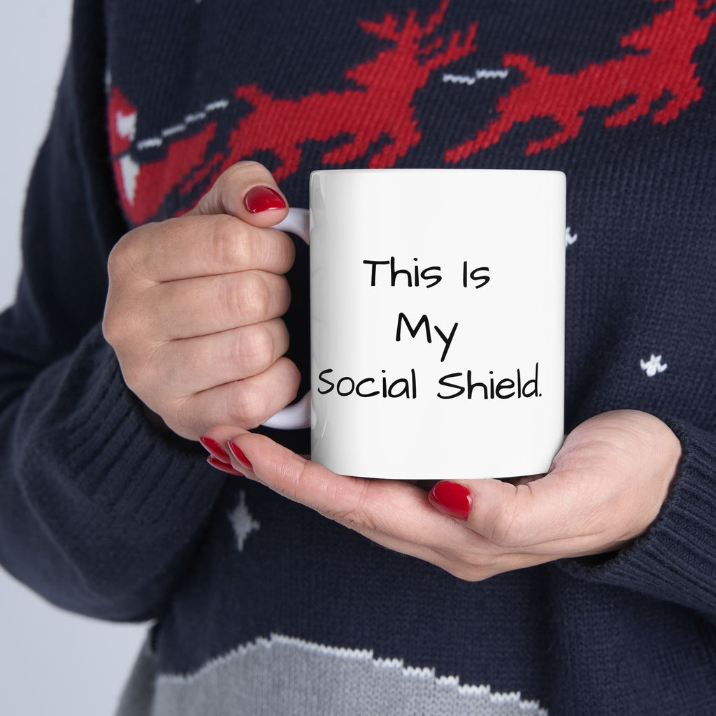 Funny Social Distancing Mug – "This Is My Social Distance Shield" Ceramic Coffee Cup (11oz, 15oz)