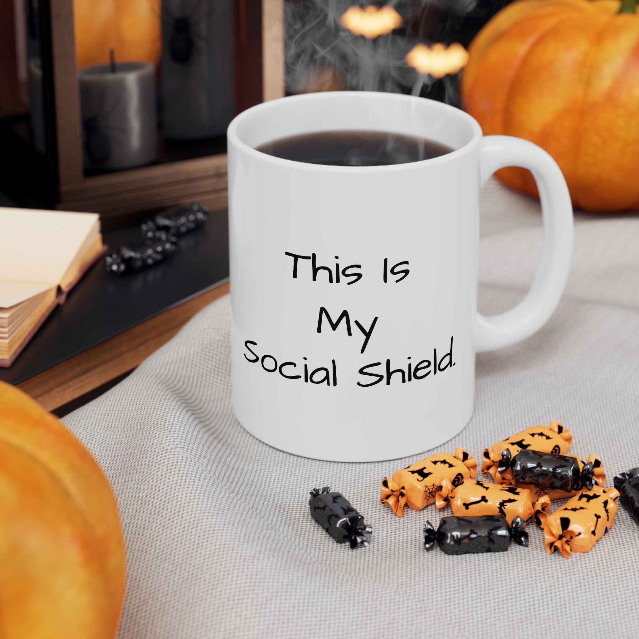 Funny Social Distancing Mug – "This Is My Social Distance Shield" Ceramic Coffee Cup (11oz, 15oz)